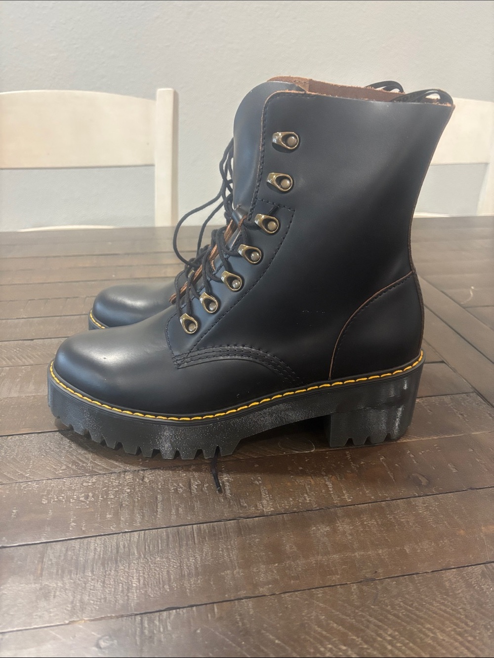 Dr. Martens Black Lace-Up Platform Combat Boots with Yellow Stitching